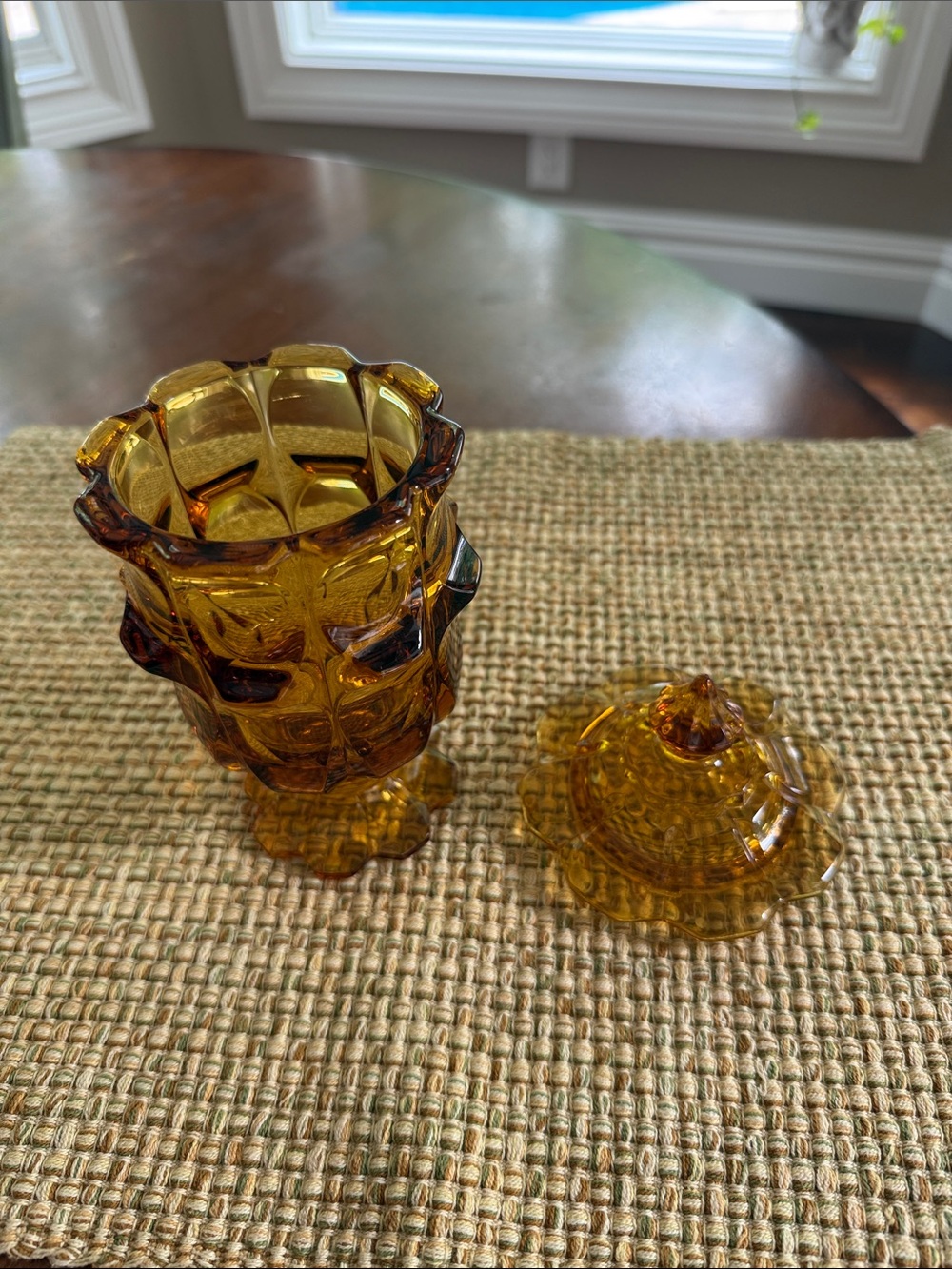 Fenton Amber Pressed Glass Valencia Footed Pedestal Lidded Candy Compote - Picture 2 of 2